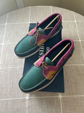 Men’s Sebago Teal, Magenta & Tan Leather Boat Shoes